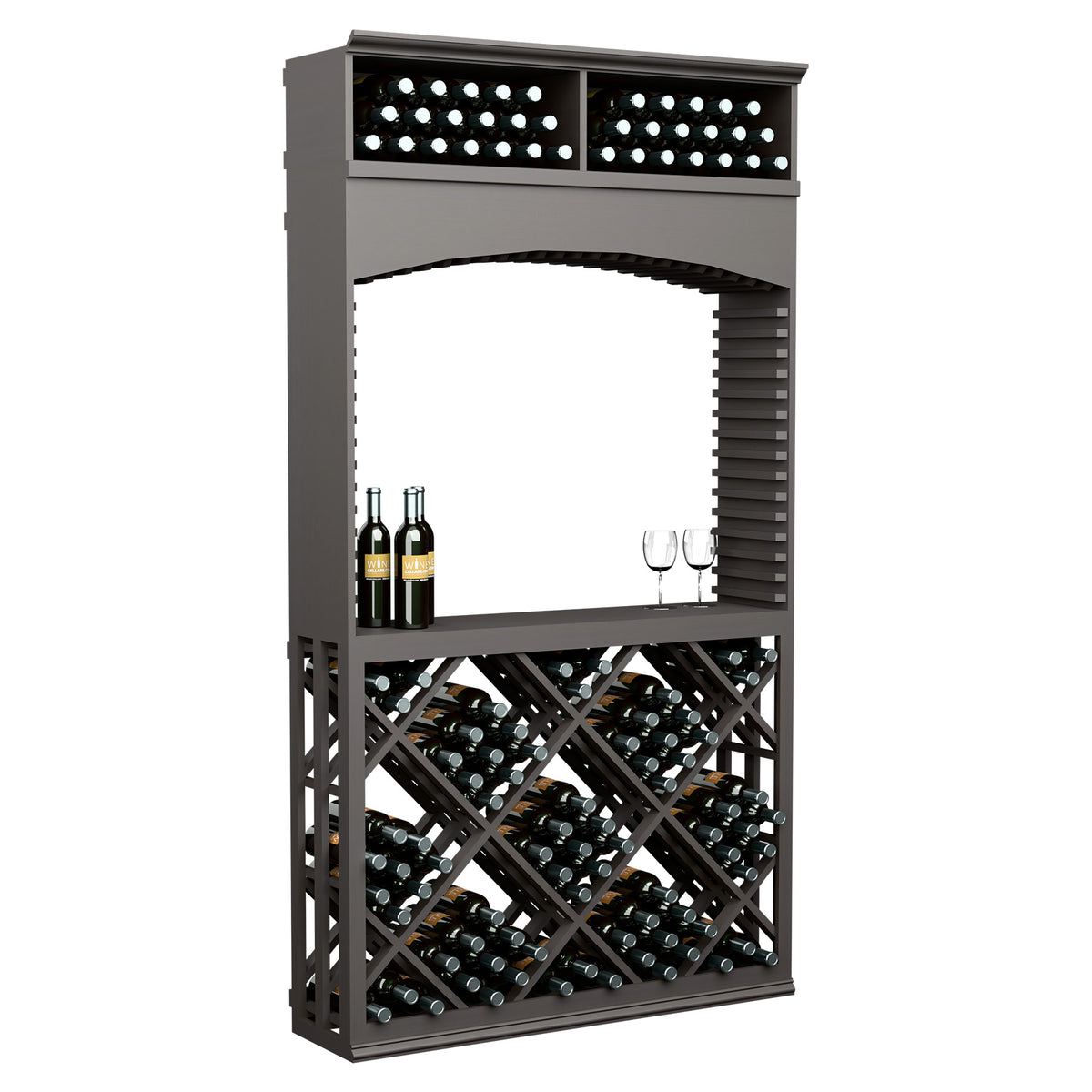 Wine tasting station with archway and diamond lattice wine rack, dark gray
