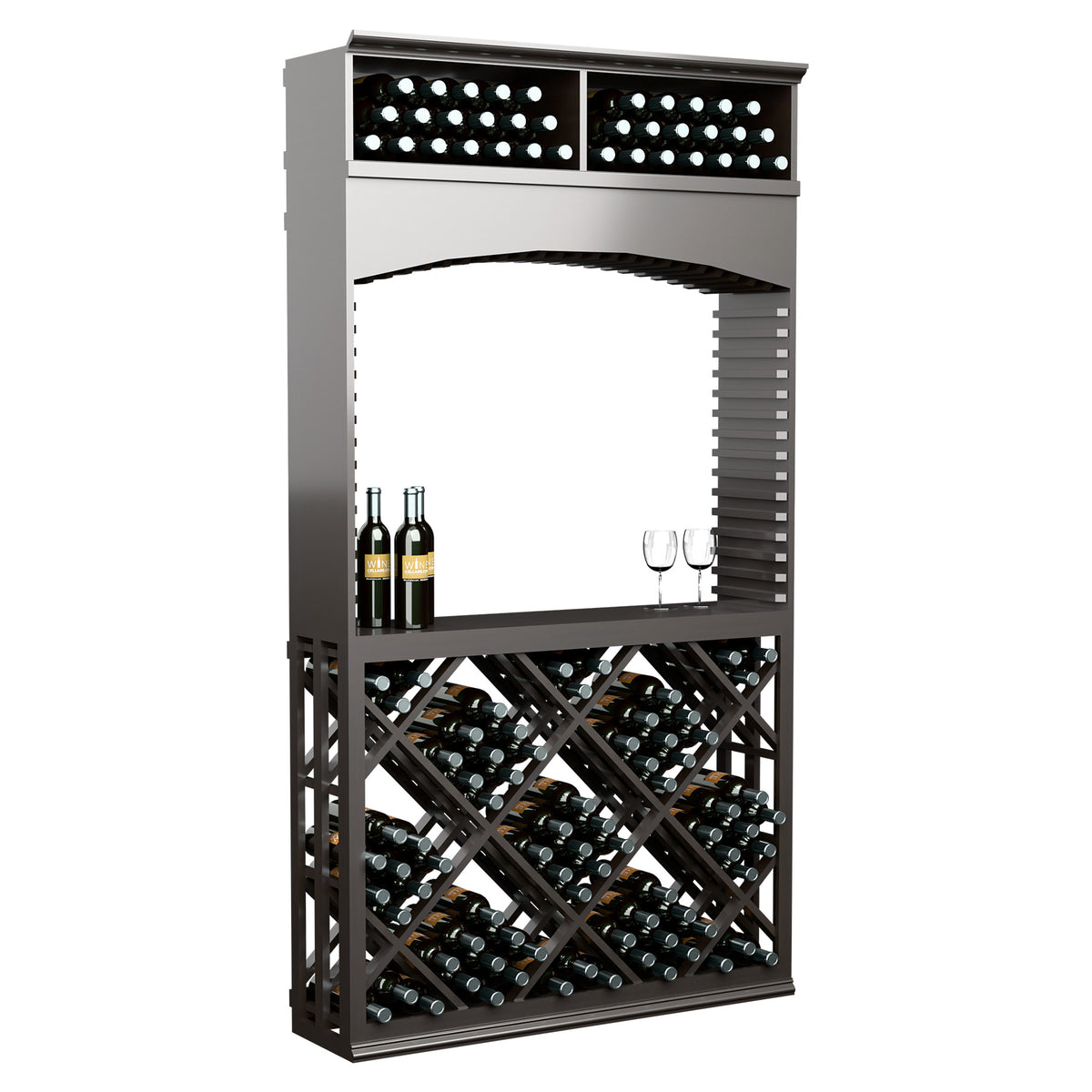 Wine tasting station with archway and diamond lattice wine rack, dark gray with bottles