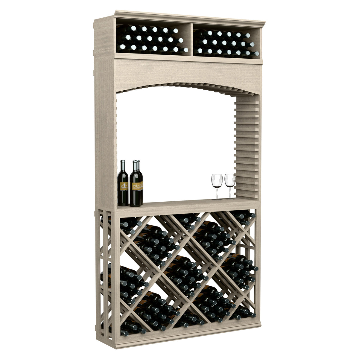 Wood wine tasting station with arched display, bottle rack, and lattice diamond storage