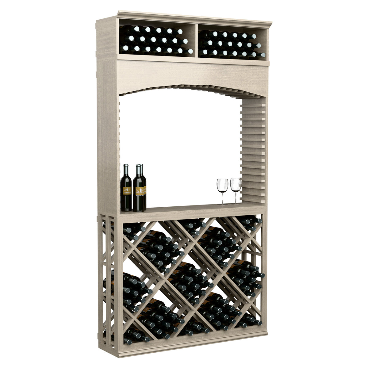 Wood wine tasting station with arched opening, bottle bins, and crisscross lattice rack