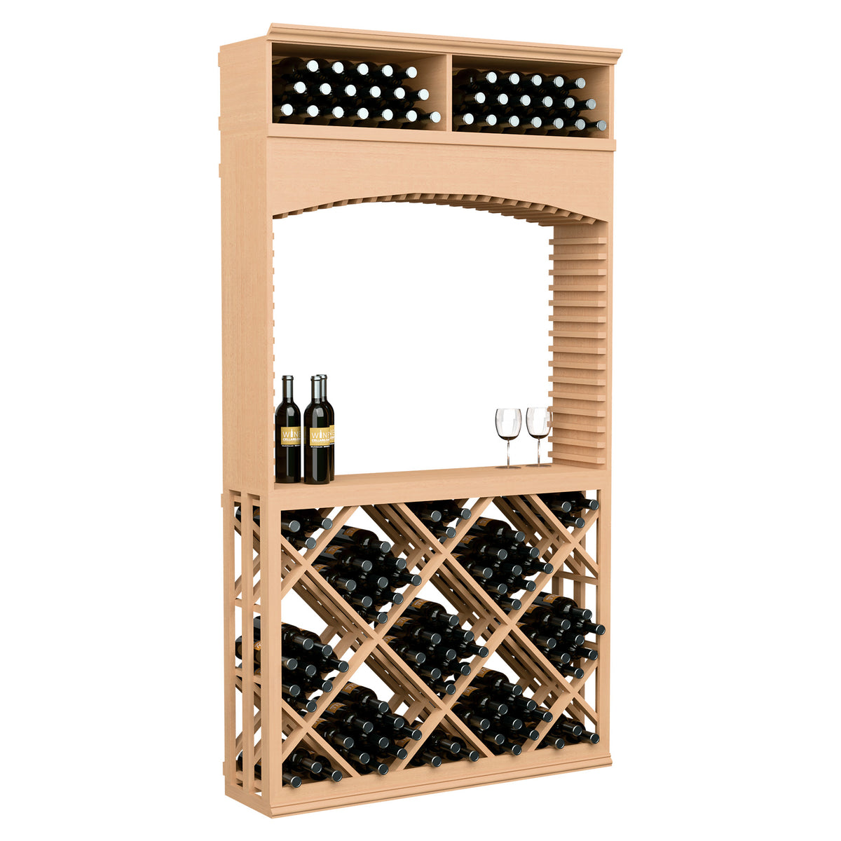 Light wood wine tasting station with arched top, bottle storage, and lattice diamond crisscross