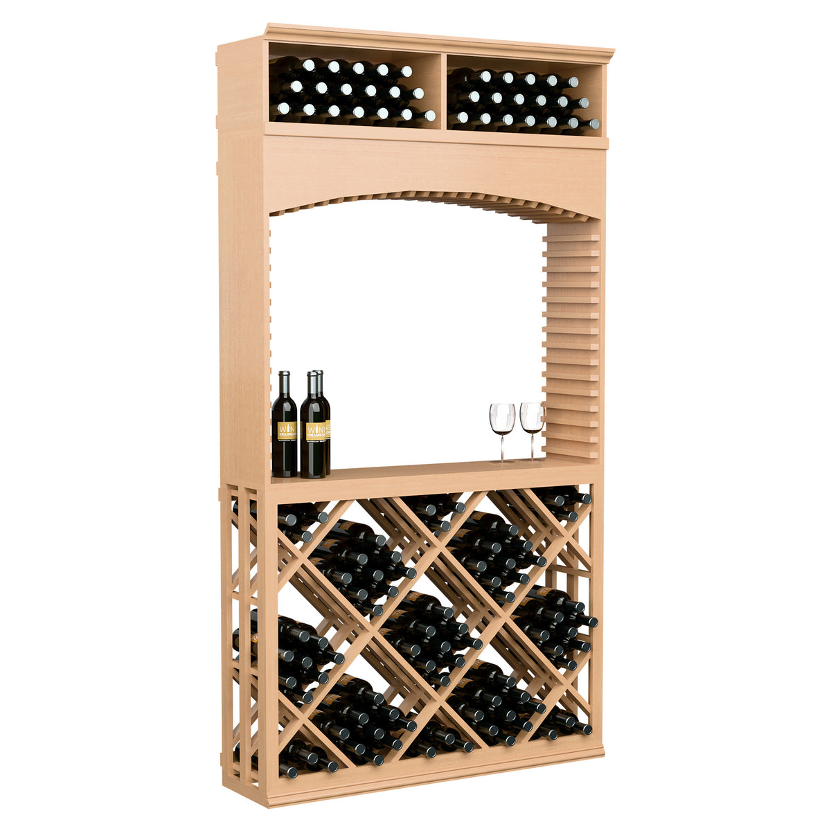 Light wood wine tasting station with arched opening, bottle rack, and diagonal lattice shelves