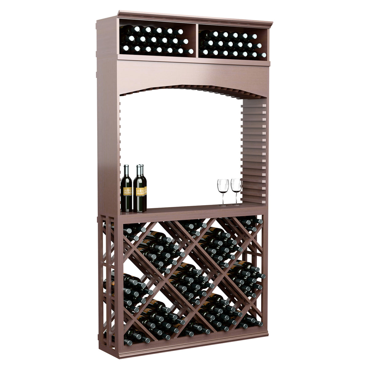 Dark wood wine tasting station with arched frame, bottle storage, and lattice diamond shelving