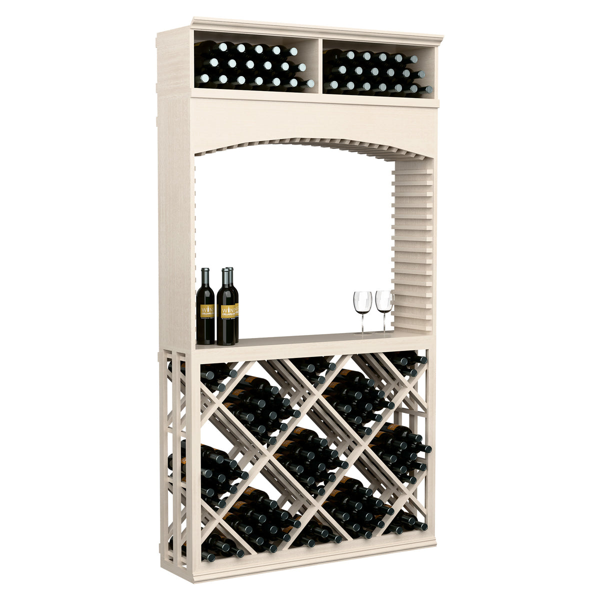 Grey-toned wood wine tasting station with arched display, bottle rack, and diamond lattice shelves