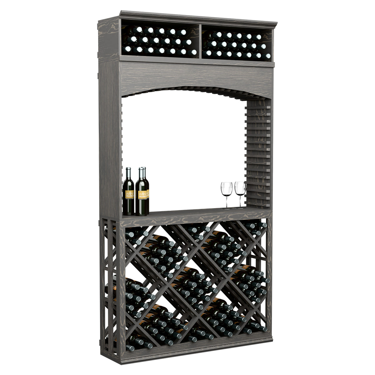 Wine tasting station with arched top, lattice front, dark gray finish, bottle slots and holders