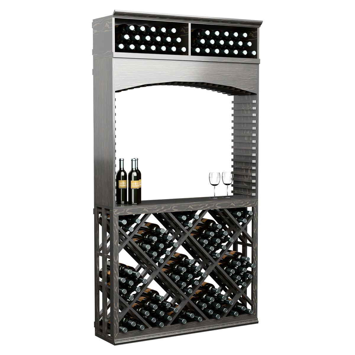 Wine tasting station with arched opening, lattice wine rack, dark gray wood finish, top storage bins