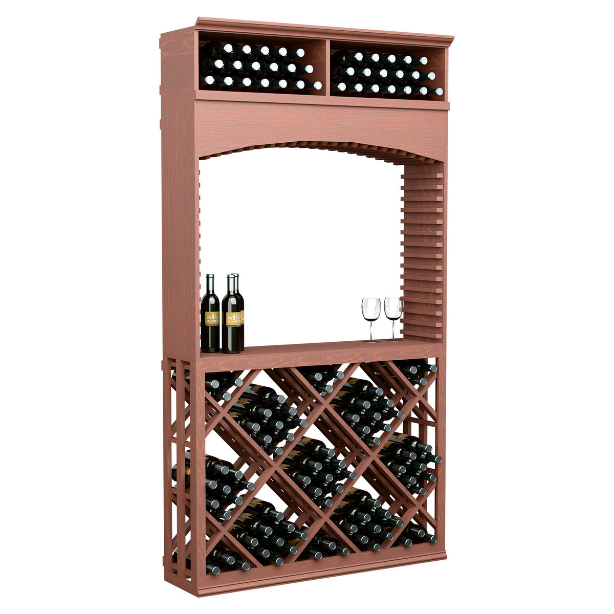Wine tasting station with arched frame, lattice wine rack, reddish wood finish, bottle storage and glasses