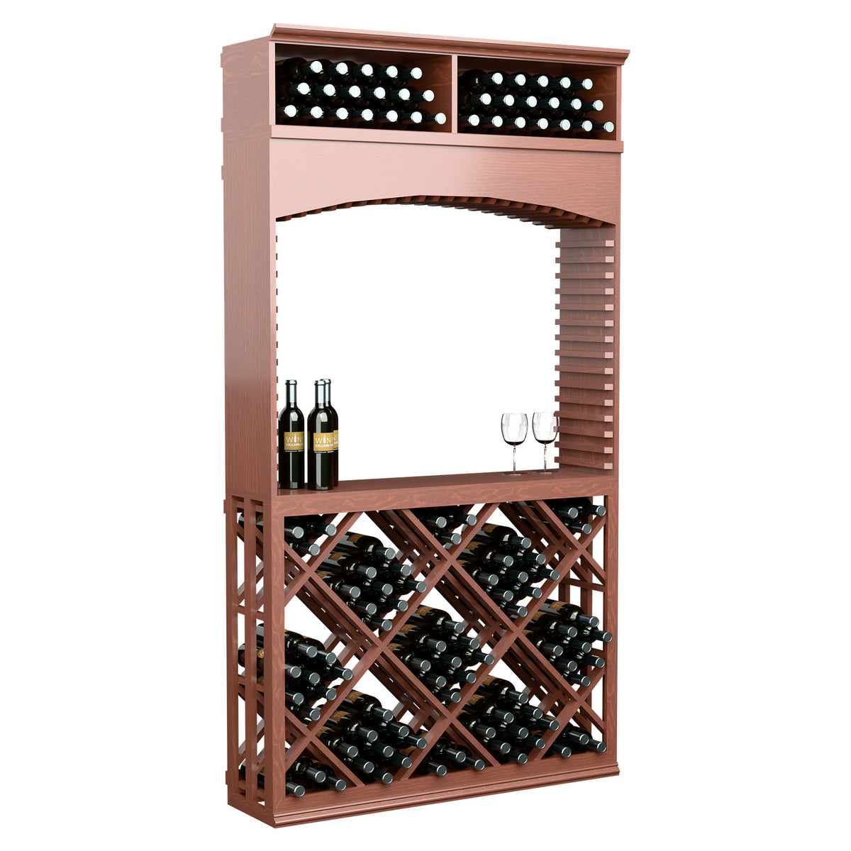Wine tasting station with arched entry, lattice front rack, reddish brown finish, top wine bottle bins