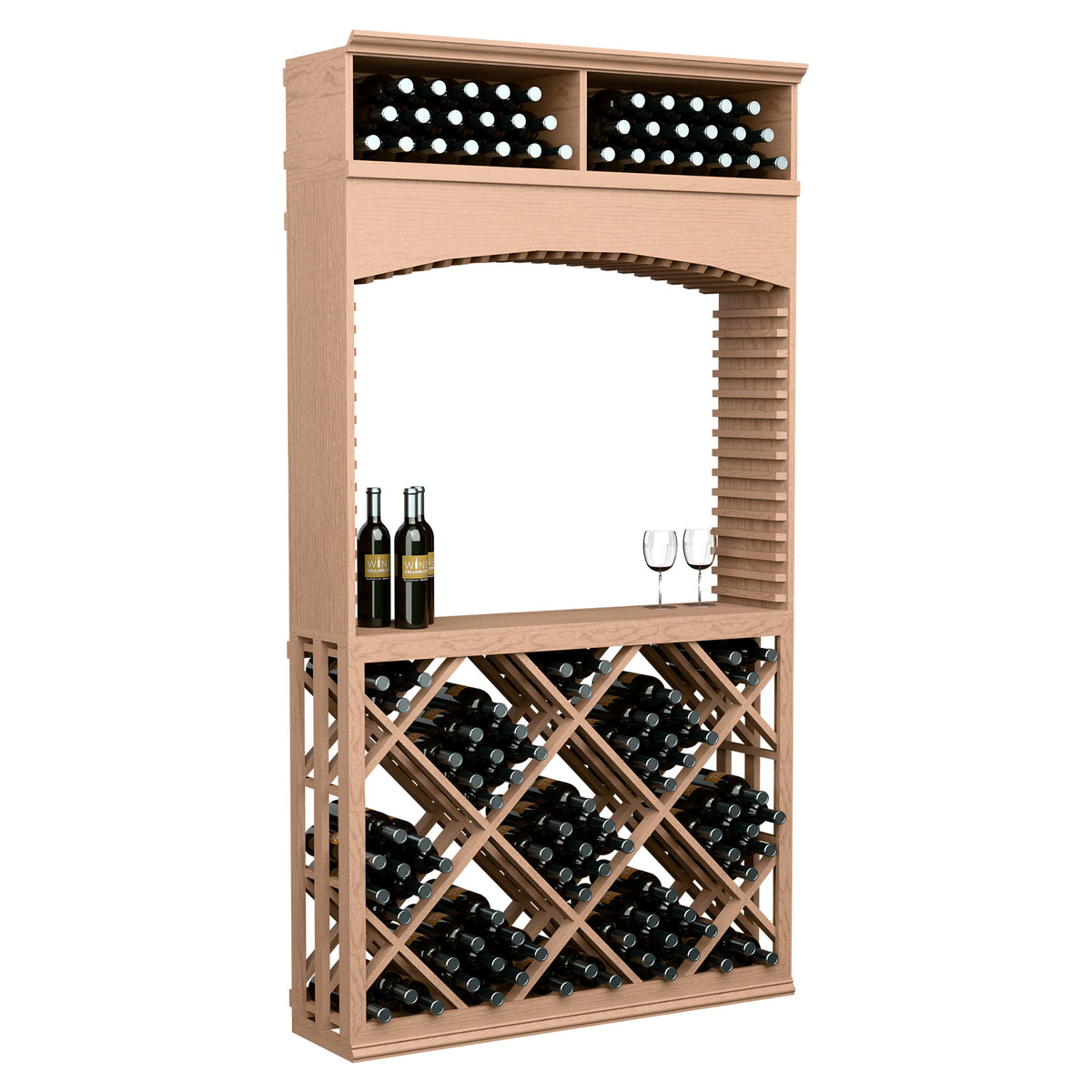 Wine tasting station with arched opening, lattice wine rack, light wood finish, bottle slots and glass holder