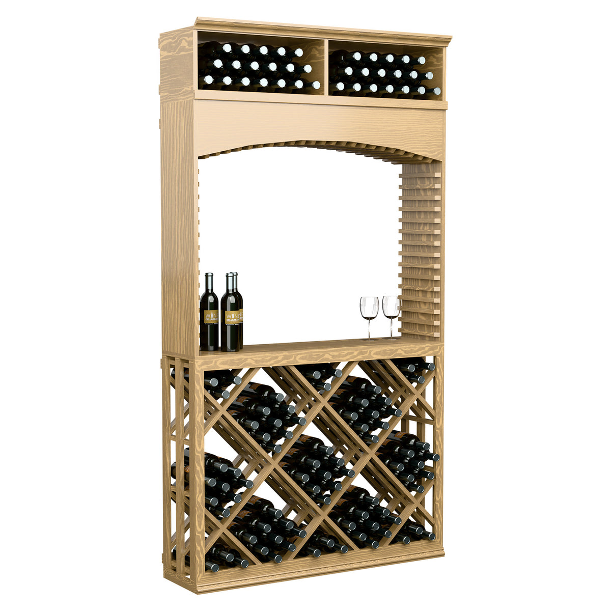 Wine tasting station with arched entry, lattice wine rack, light wood finish, top bins for wine bottles