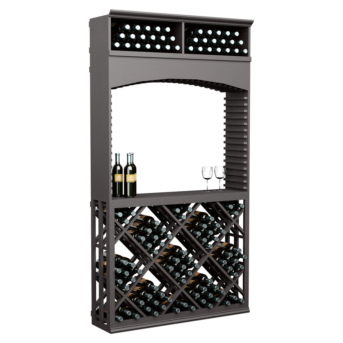Wine tasting station with arched opening, lattice front rack, dark charcoal finish, bottle slots and glass