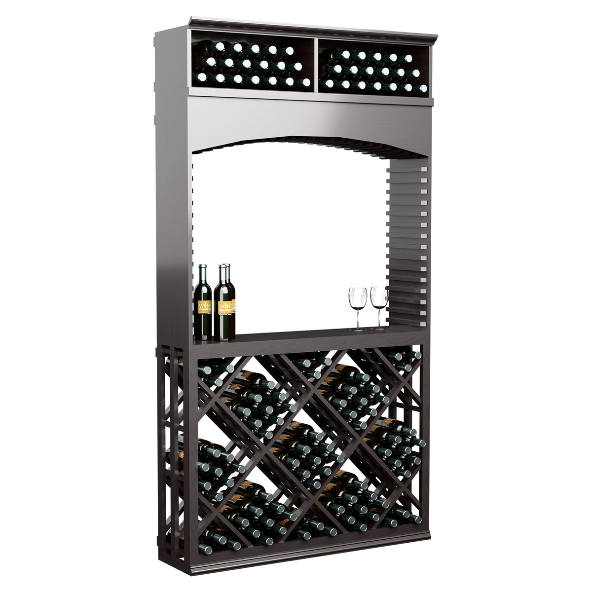 Wine tasting station with arched frame, lattice wine rack, charcoal wood finish, top bin for wine bottles