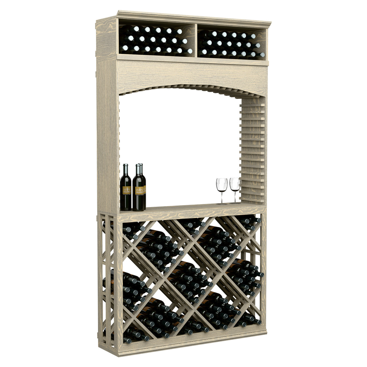 Light wood wine tasting station with archway, lattice storage, and top wine bottle holders
