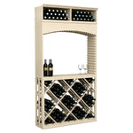 Light wood archway wine storage unit with top bins, lattice shelves, and bottle and glass setup