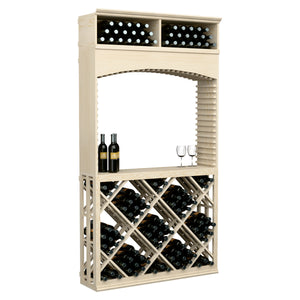Light wood archway wine storage unit with top bins, lattice shelves, and bottle and glass setup