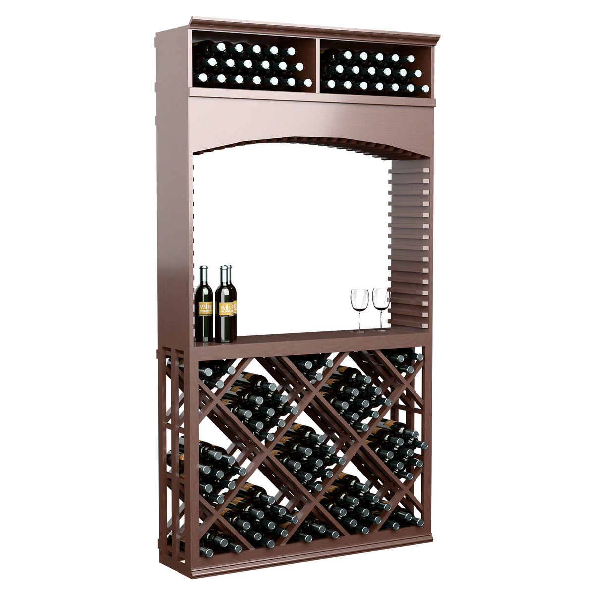Dark wood archway wine storage unit with top wine bottle bins, lattice shelves, and glass holder