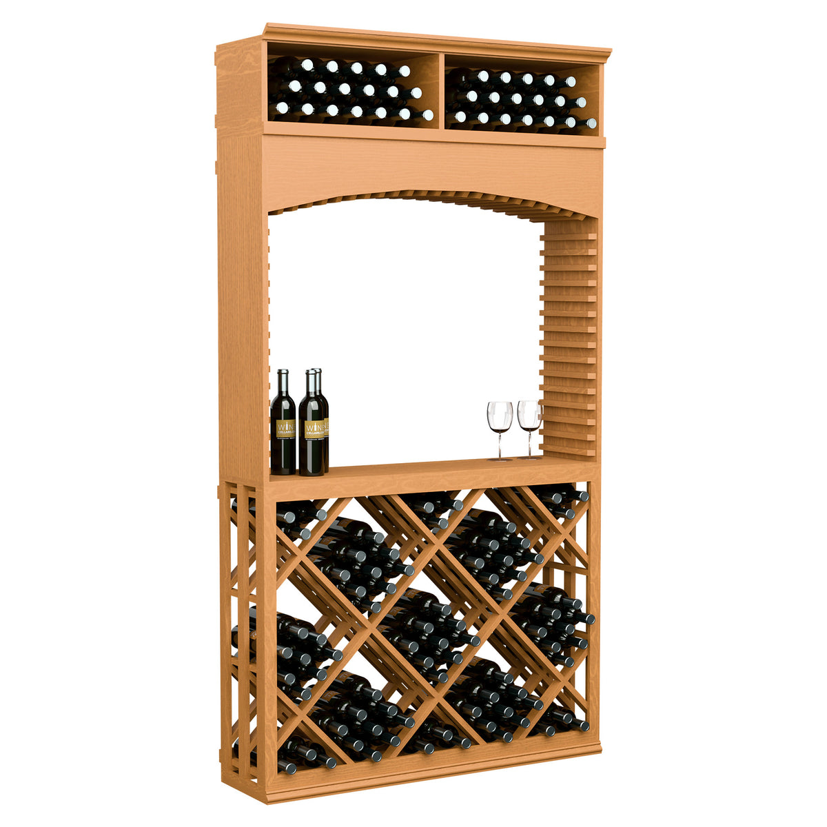 Medium wood wine tasting station with arch opening, lattice wine racks, and top bottle display