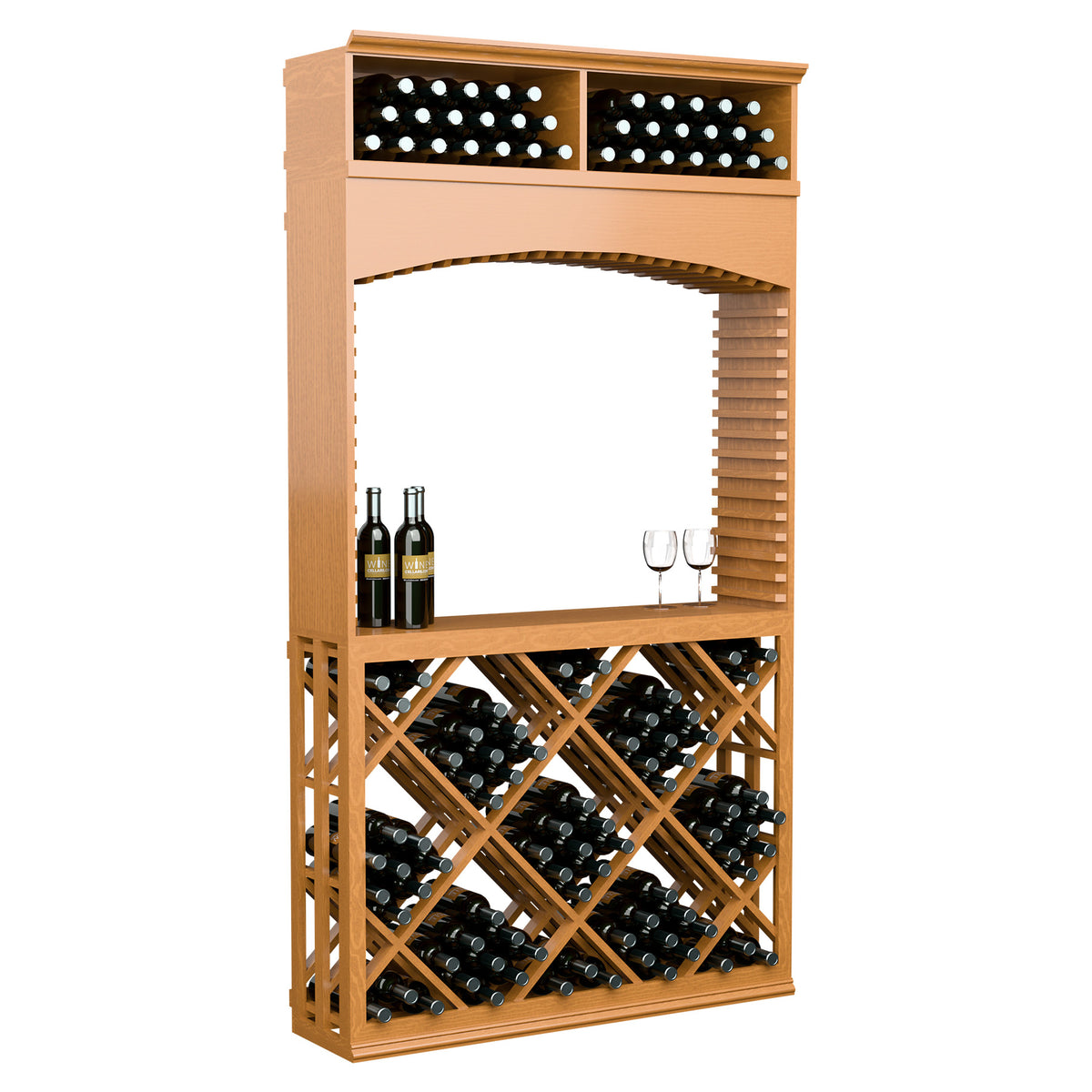 Medium wood archway wine storage with top bin row, crisscross lattice shelves, and bottle rack