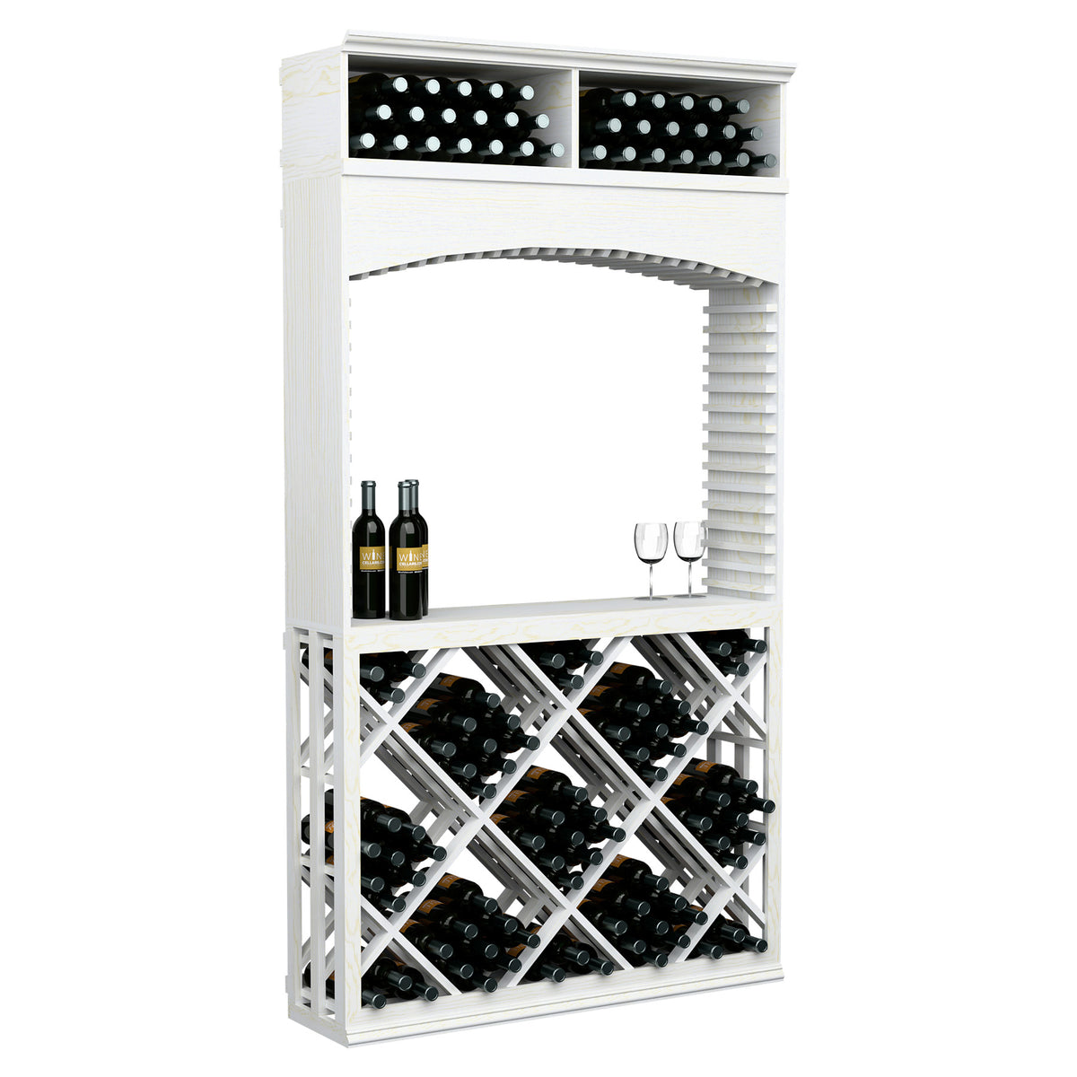 White wood wine tasting station with archway, crisscross lattice wine racks, and bottle holders