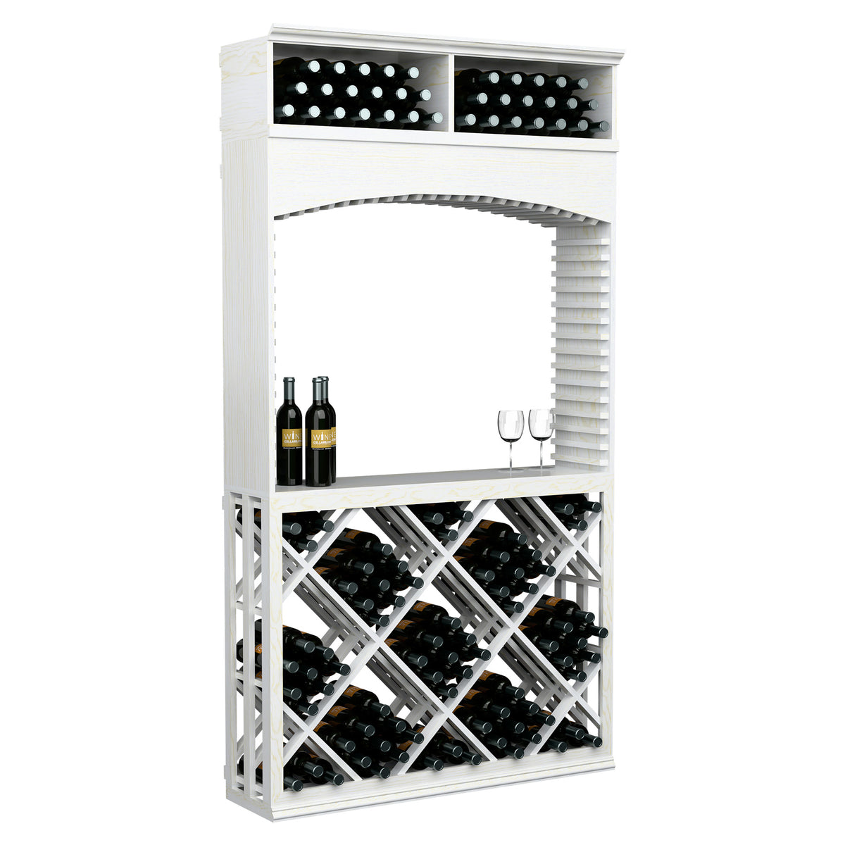 White wood archway wine storage unit with top wine bins, lattice racks, and display bottles