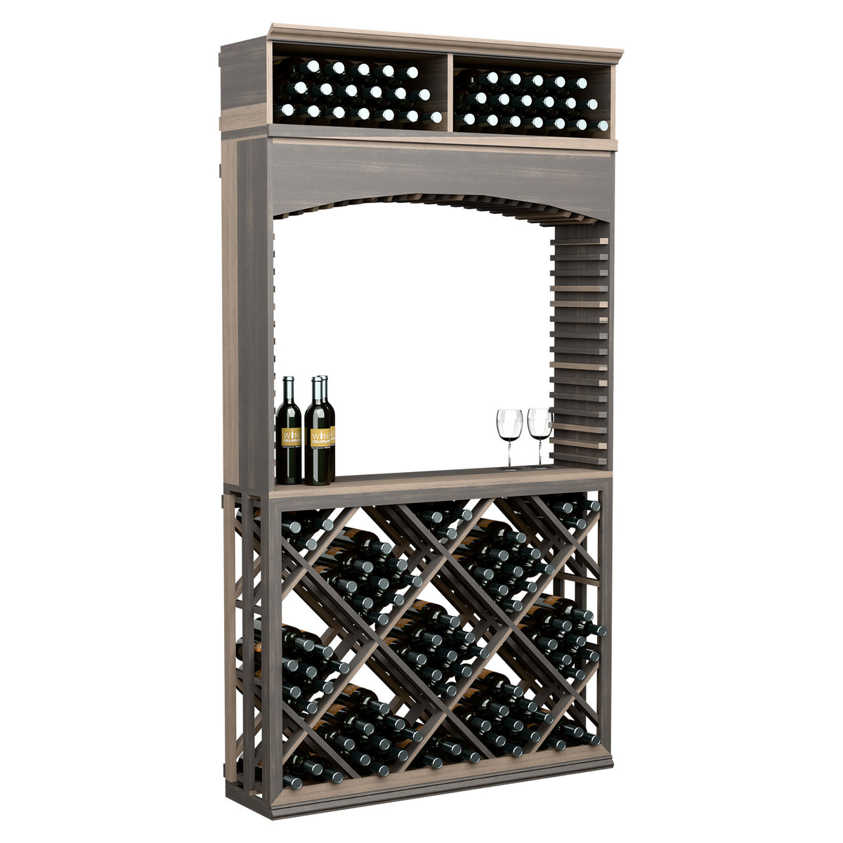 Dark wood wine storage cabinet with archway, lattice crisscross bottle bins and top holes