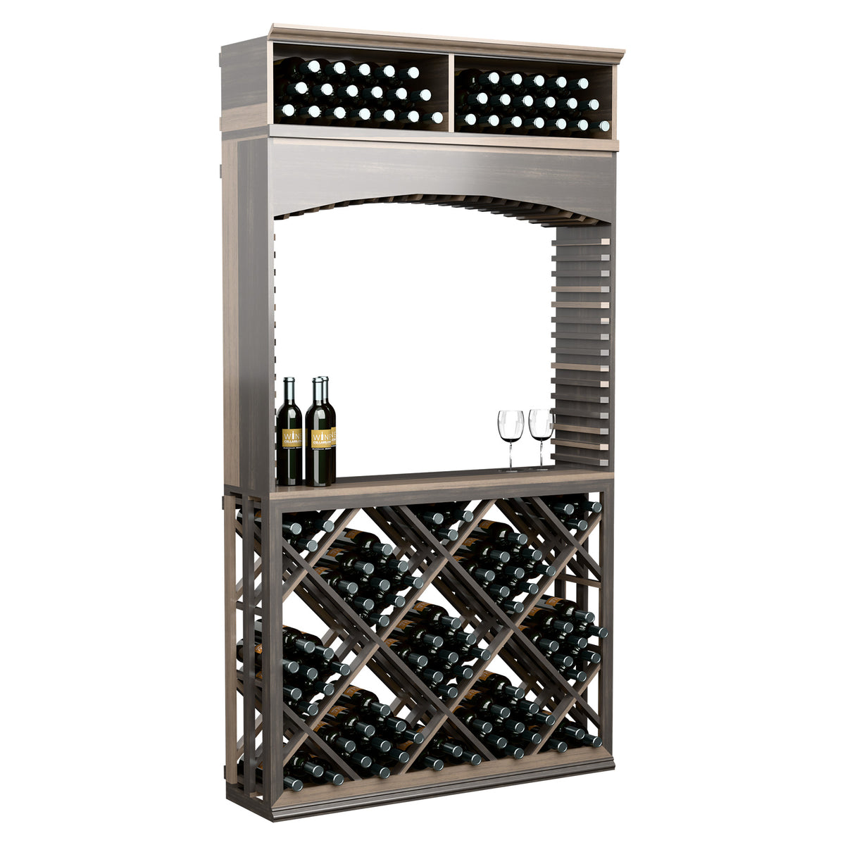 Dark wood wine storage cabinet with archway, bottle slots, and wine-glass display shelf