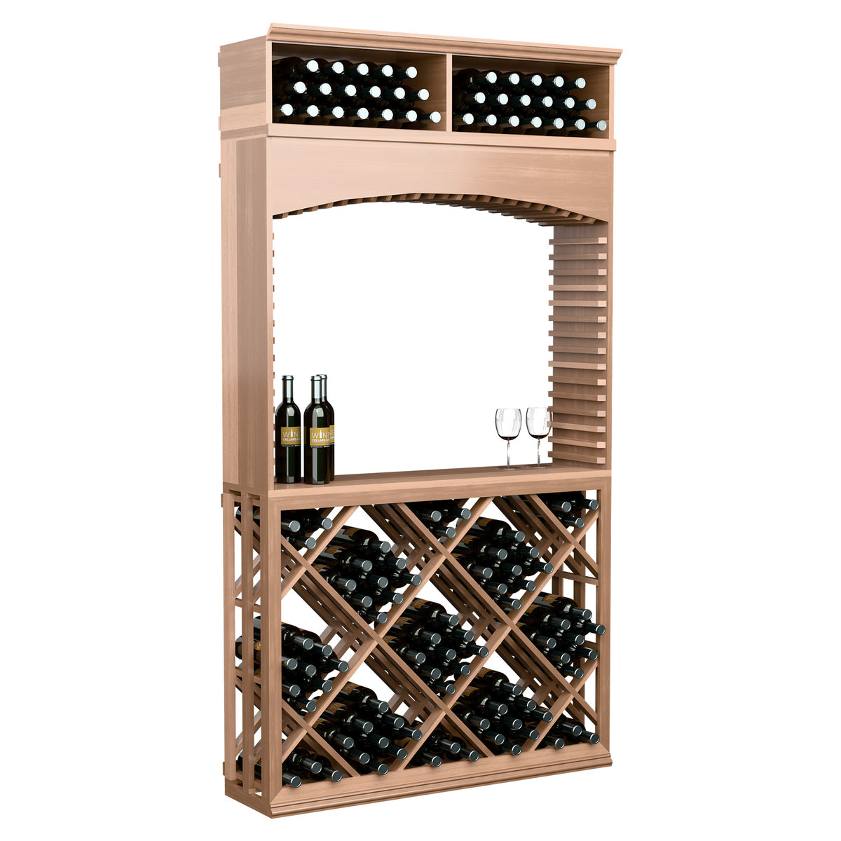 Light wood wine storage cabinet with archway, bottle slots, and small wine-glass display