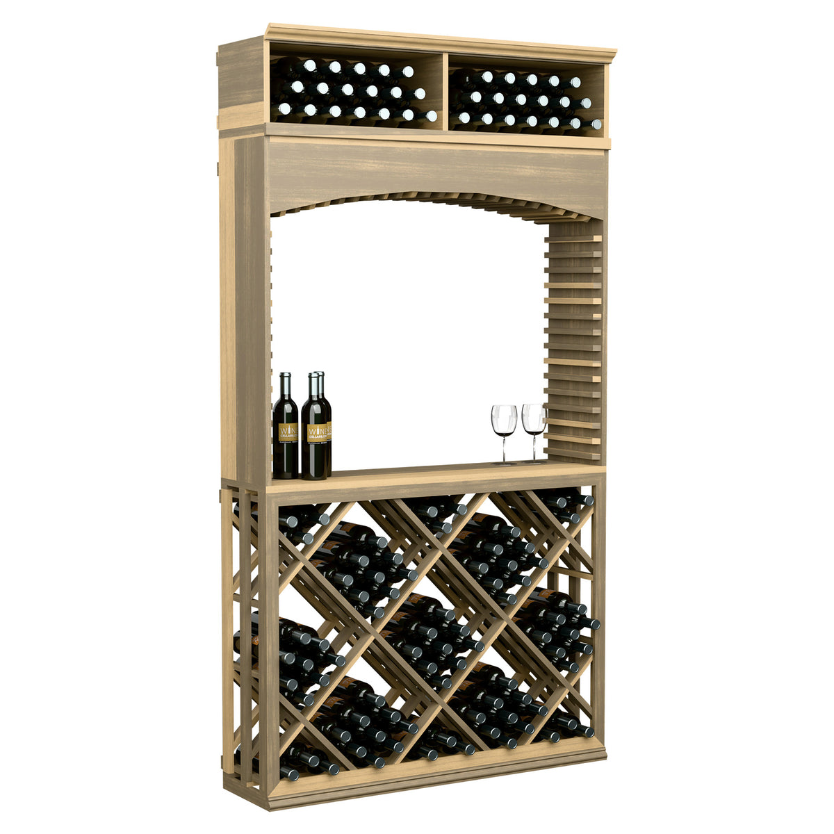 Light wood wine storage cabinet with archway, lattice crisscross bottle rack and top storage