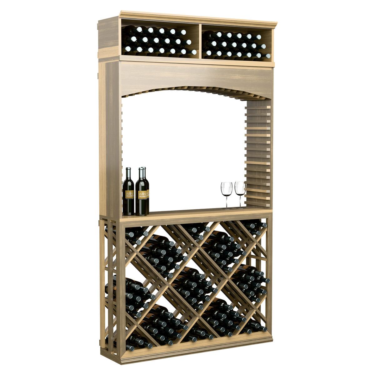 Light wood wine storage cabinet with archway, bottle bins, and stemware on the front shelf