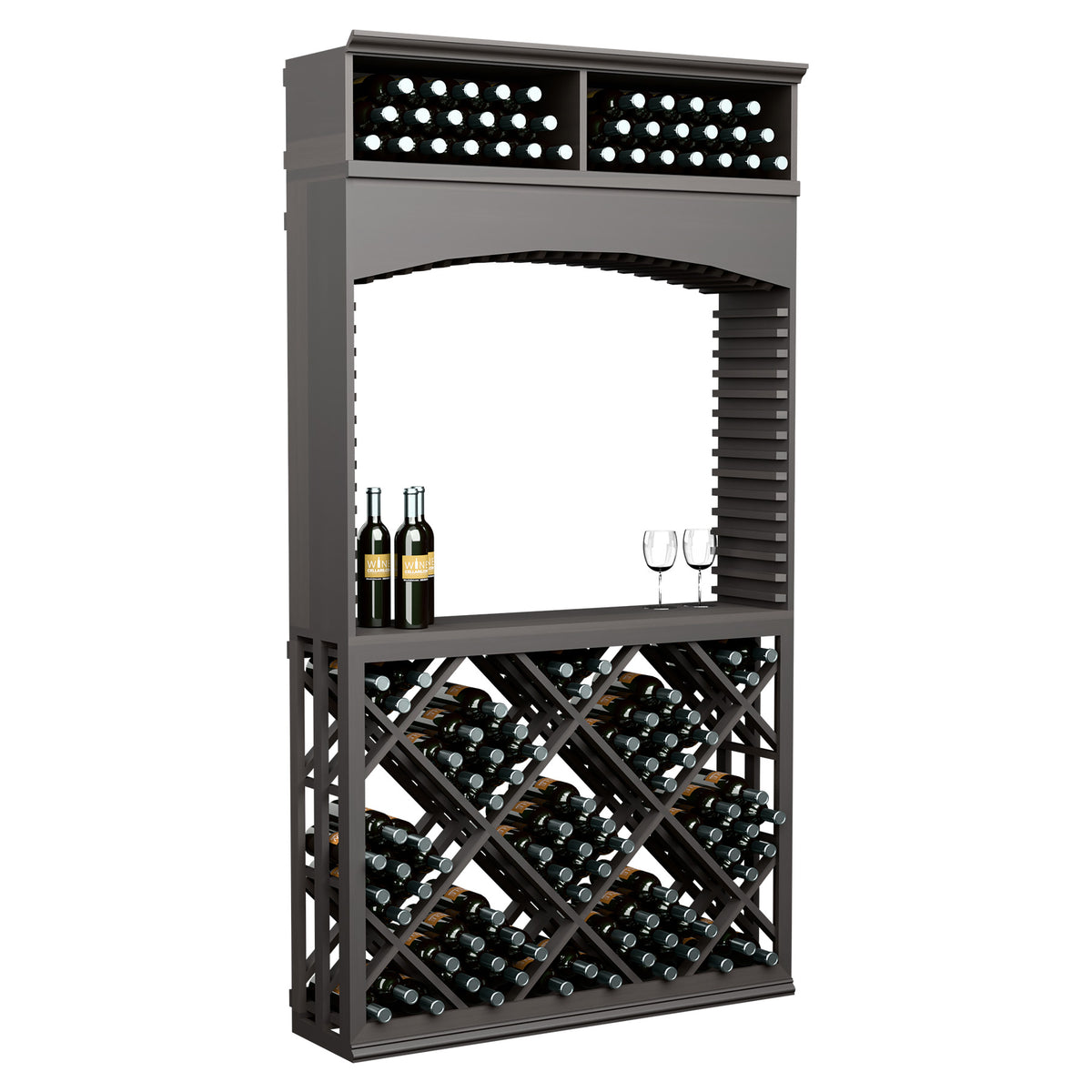 Dark wood wine storage cabinet with archway, lattice crisscross bottle rack and top bottle holes