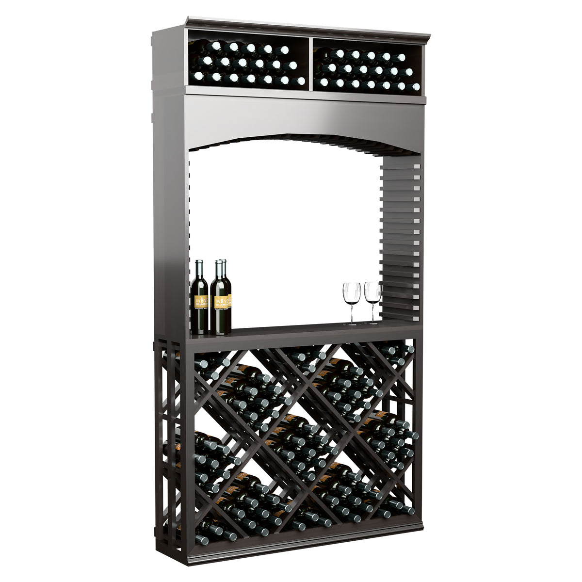 Dark wood wine storage cabinet with archway, bottle slots, and wine bottle display shelf