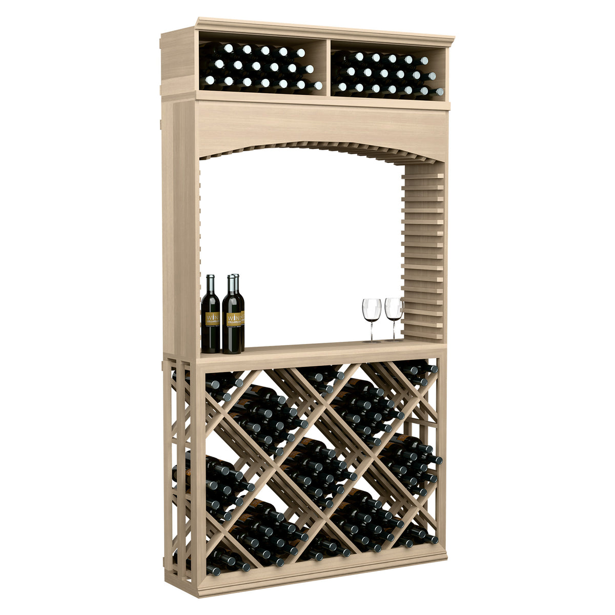 Wood wine tasting station with arch, top bottle bins, diamond lattice storage and shelf.