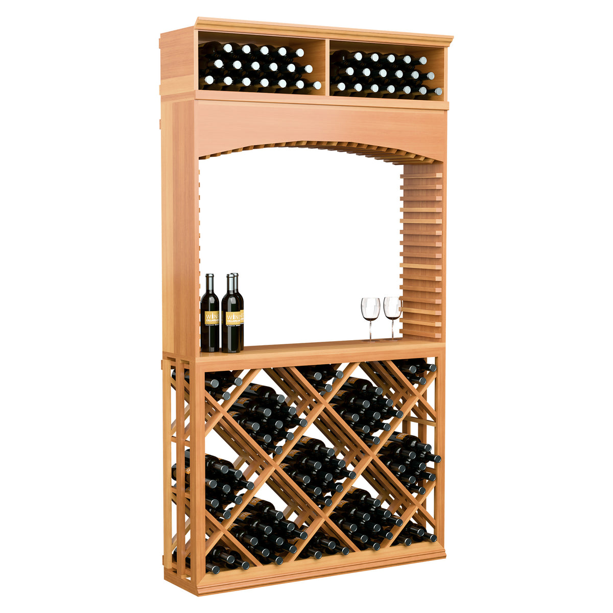 Warm-toned wood wine tasting station with archway, side shelf with bottles, and diamond lattice rack.