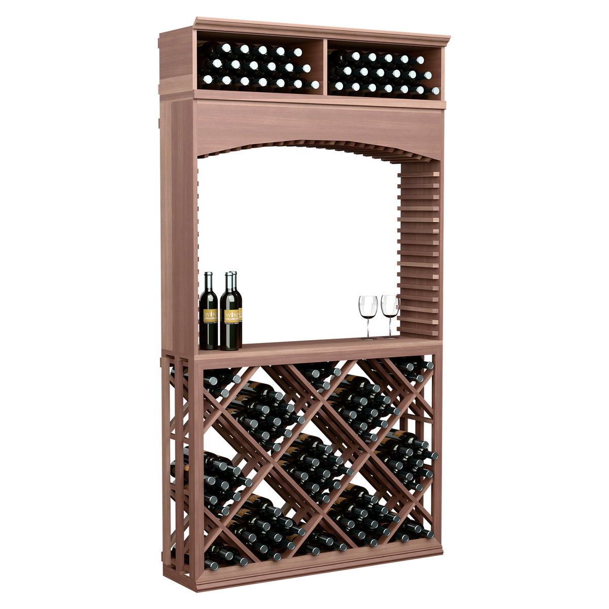 Medium brown wood wine tasting station with arched opening, top bottle bins and diamond lattice storage.