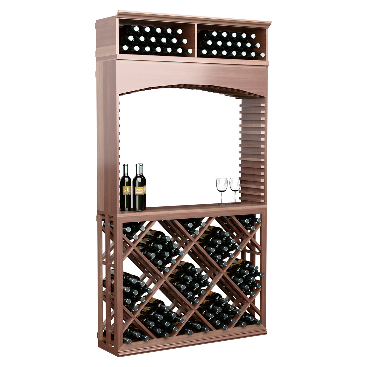 Medium wood wine tasting station with arched opening, top bins, and diamond lattice bottle cradles.