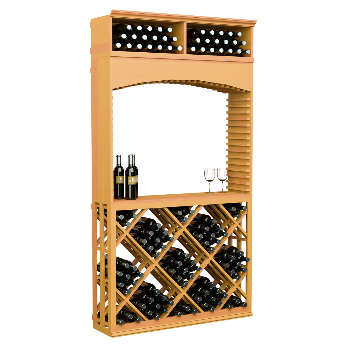 Light tan wood wine tasting station with archway, top bottle bins, and diamond lattice storage.