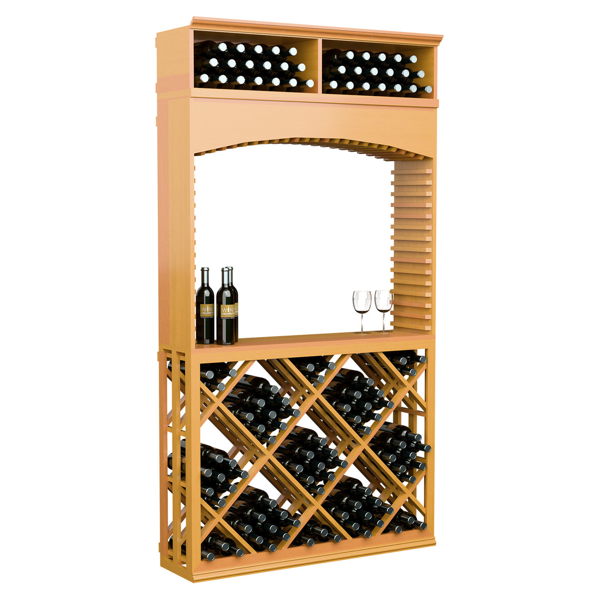 Golden-toned wood wine tasting station with arch, top bottle bins, and diamond lattice wine storage.