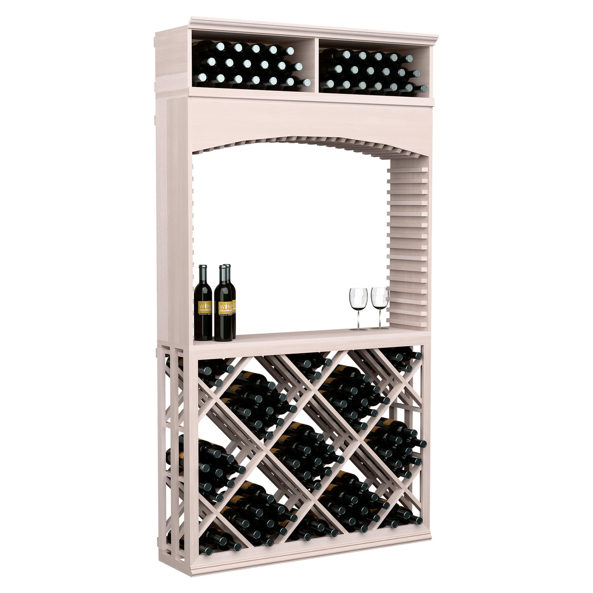 Gray-toned wood wine tasting station with arched opening, top bottle bins, and diamond lattice rack.