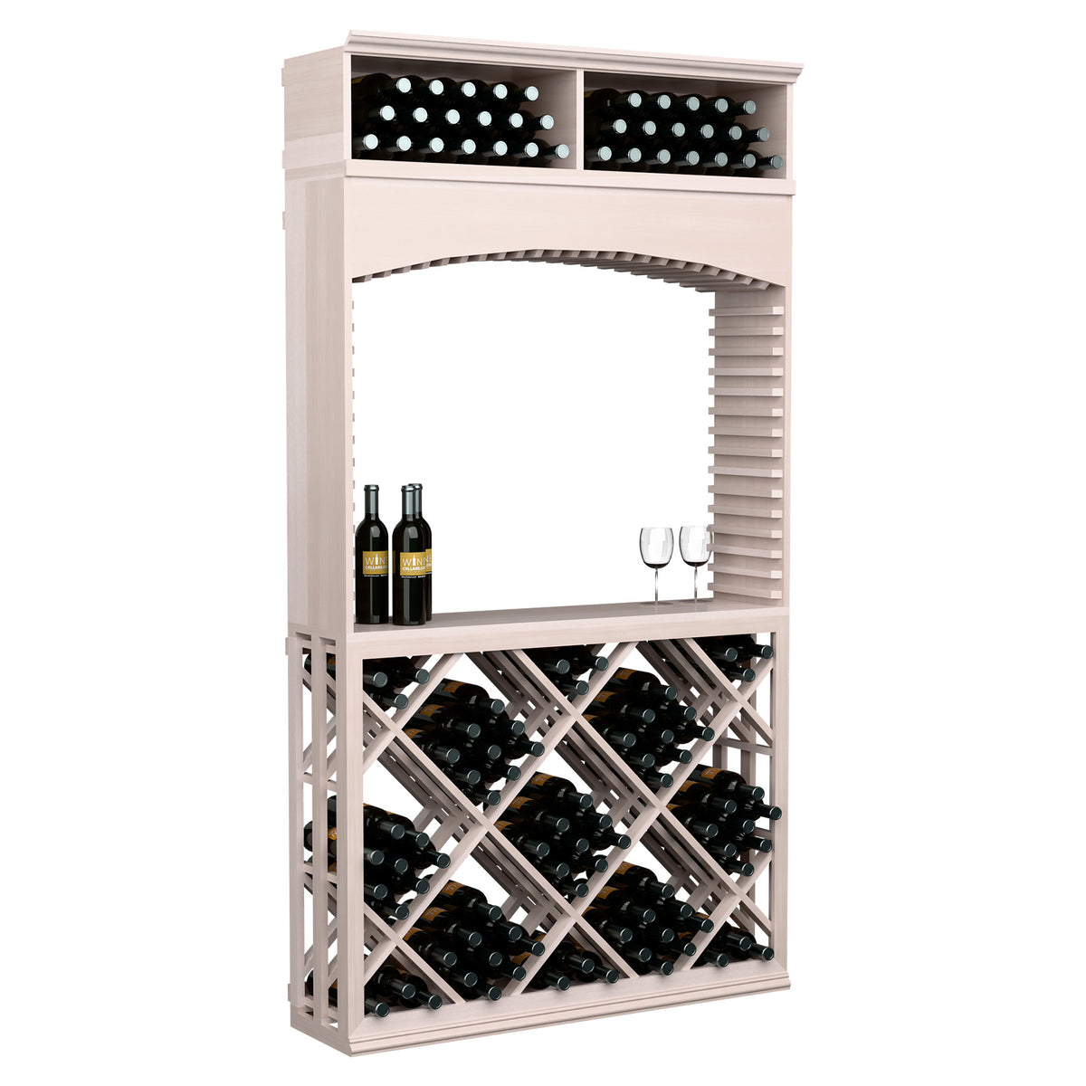 Pale gray wood wine tasting station with archway, top bottle bins, and diamond lattice storage.