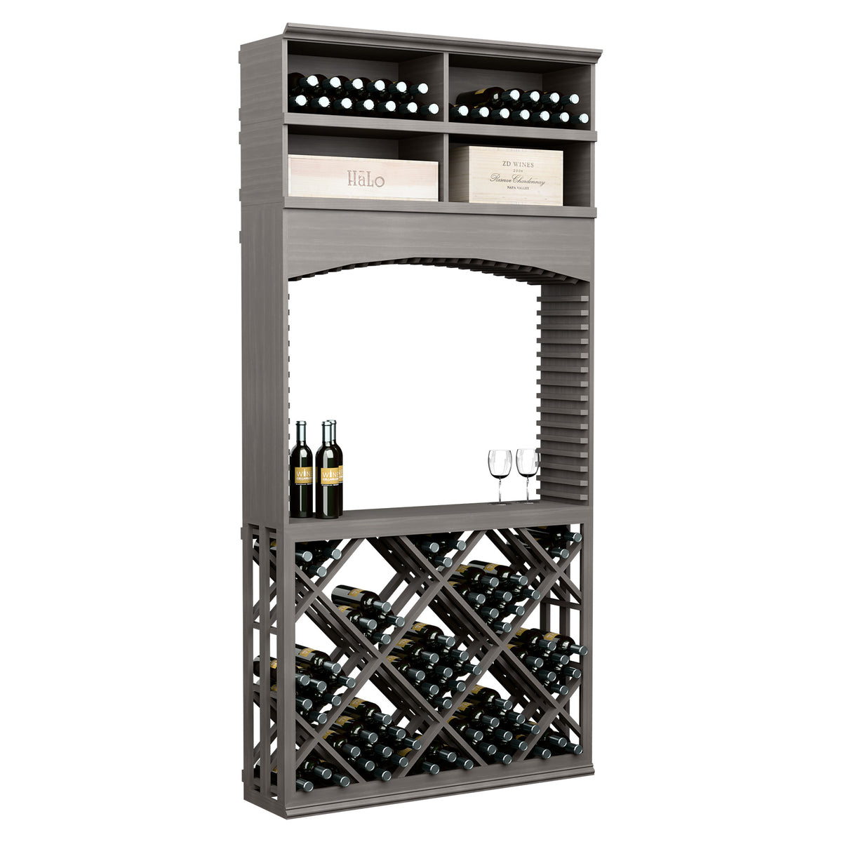 Gray wood wine tasting station with arch, lattice wine rack and bottle/glass holders