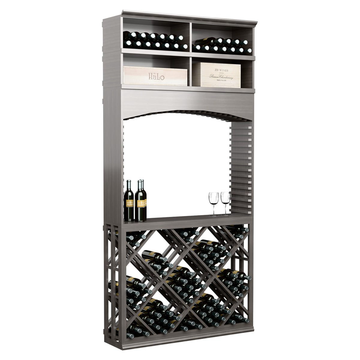 Gray wood wine tasting station with archway, cross-lattice wine rack and bottle/glass display