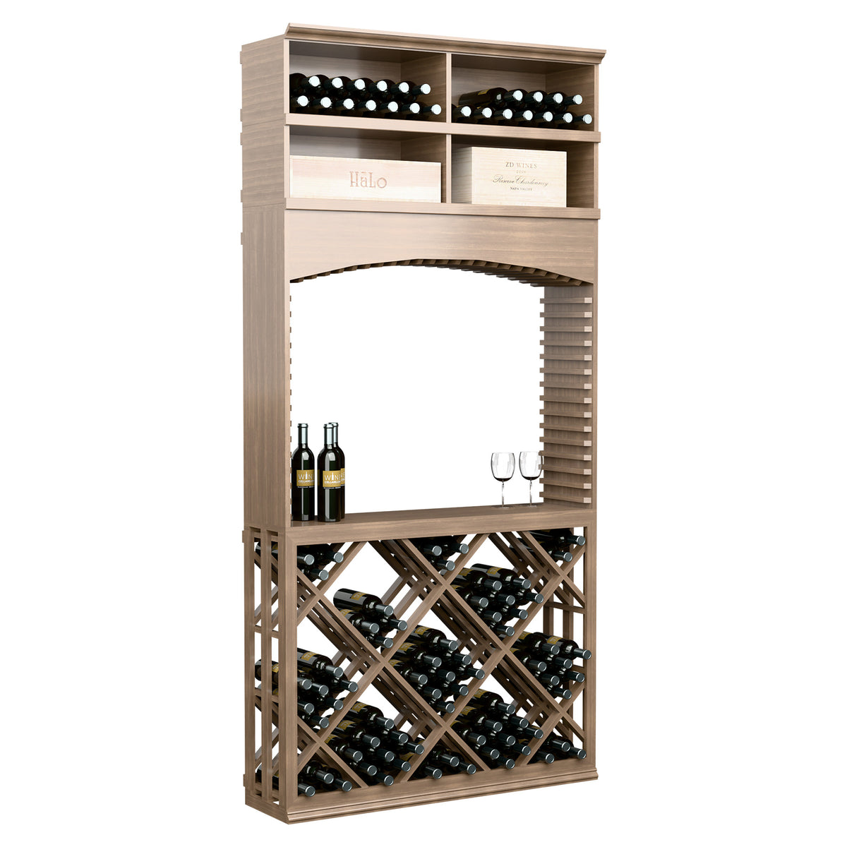 Light brown wood wine tasting station with archway, cross-brace lattice wine rack and bottle/glass display