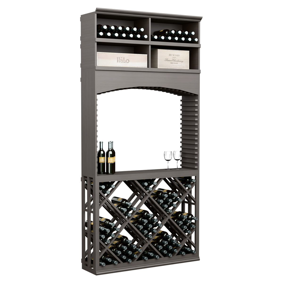 Dark gray wood wine tasting station with arch, lattice wine rack and bottle/glass holders