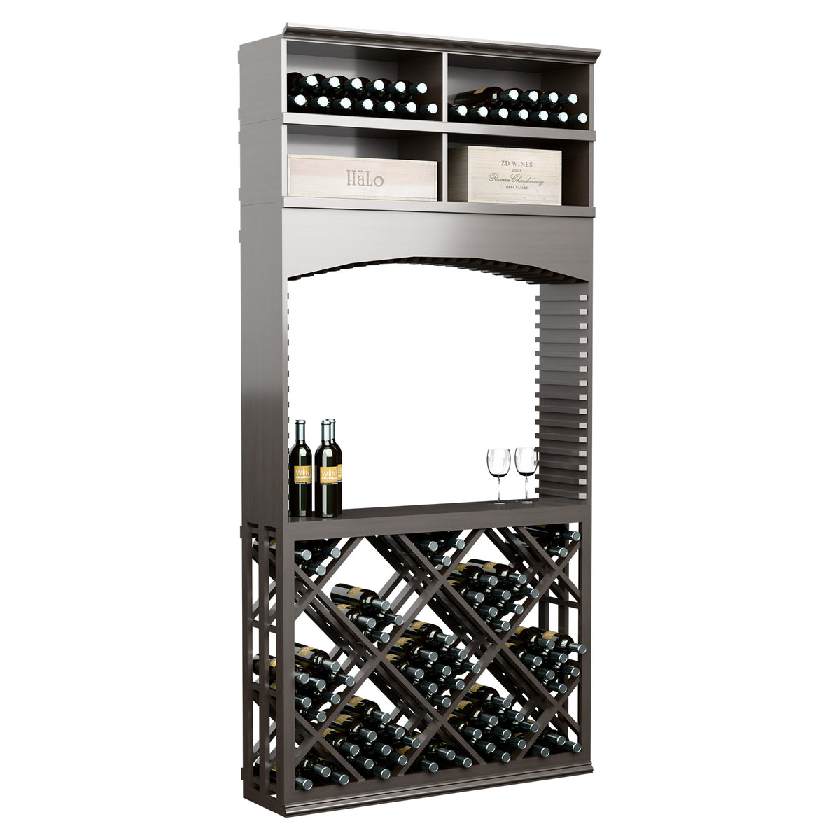 Dark gray wood wine tasting station with archway, cross-lattice wine rack and bottle/glass display