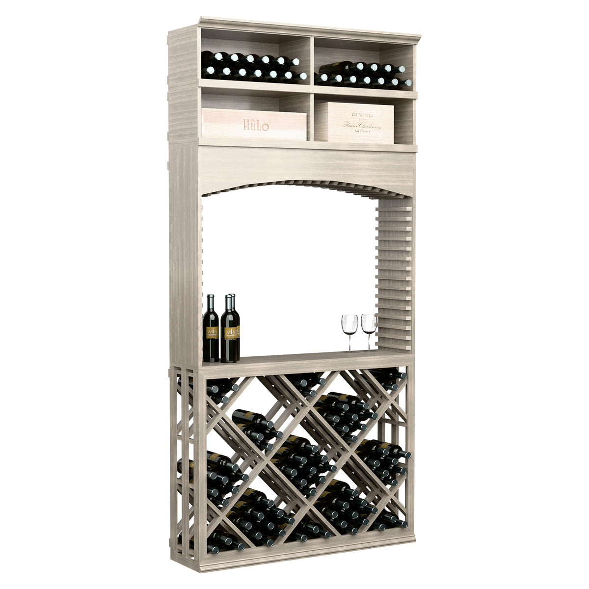 Whitewashed wine tasting station with archway, two bottle shelves, and lattice diamond bins