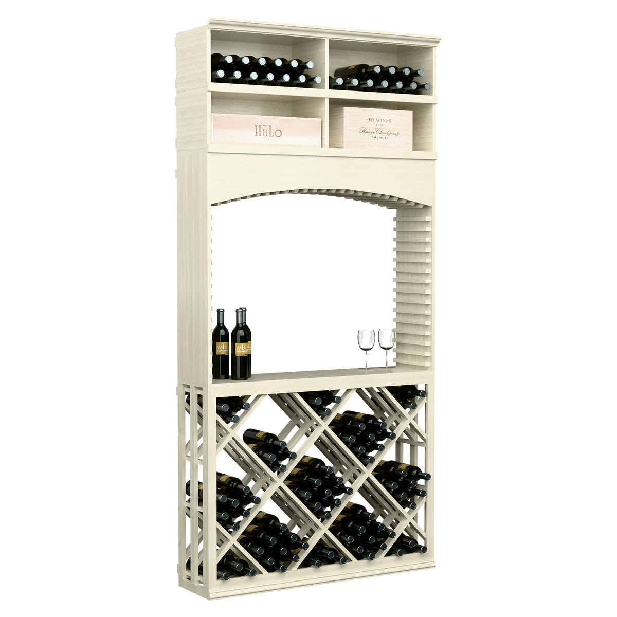 White wood wine tasting station with arched opening and lattice diamond wine storage