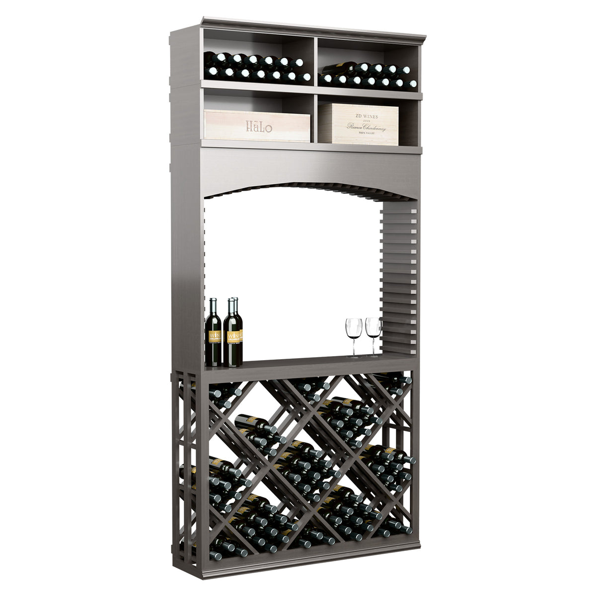 Dark gray lattice wine tasting station with archway, bottle racks, and two wine bottles