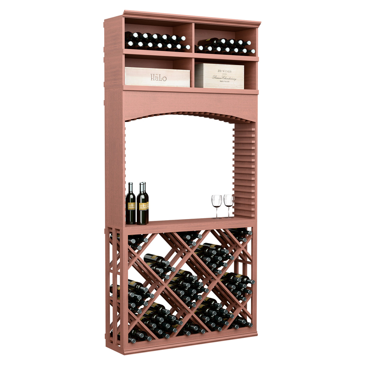 Red-brown lattice wine tasting station with archway, bottle racks, and two wine bottles