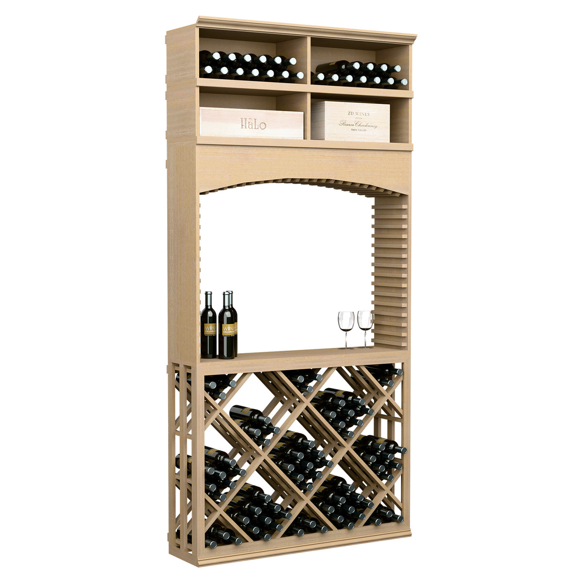 Natural wood lattice wine tasting station with archway, bottle racks, and two wine bottles
