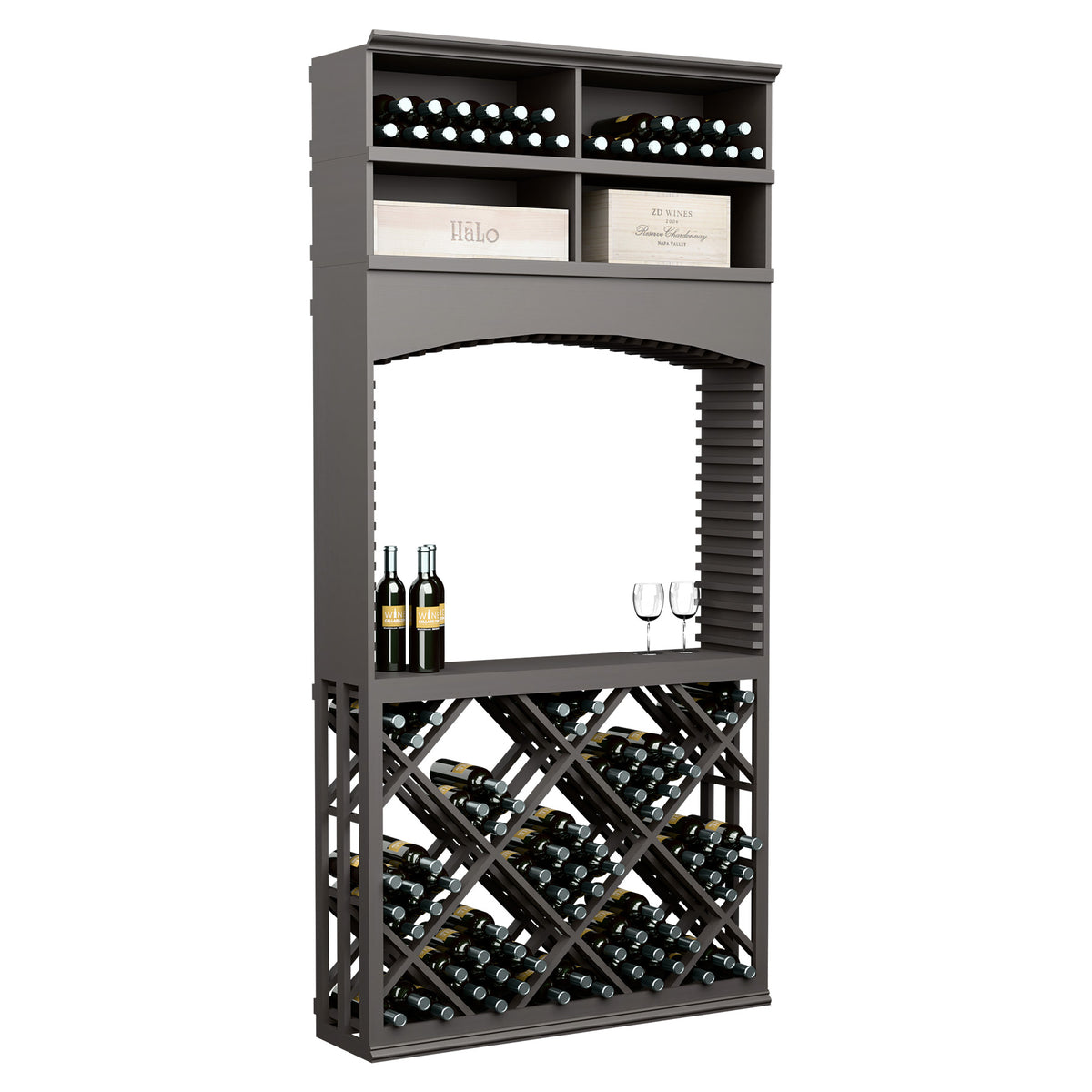 Dark gray lattice wine tasting station with archway and crisscross wine bottle racks